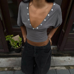 MAEVE SHELL BUTTONS V-NECK TOP IN SMOKE - scandivv