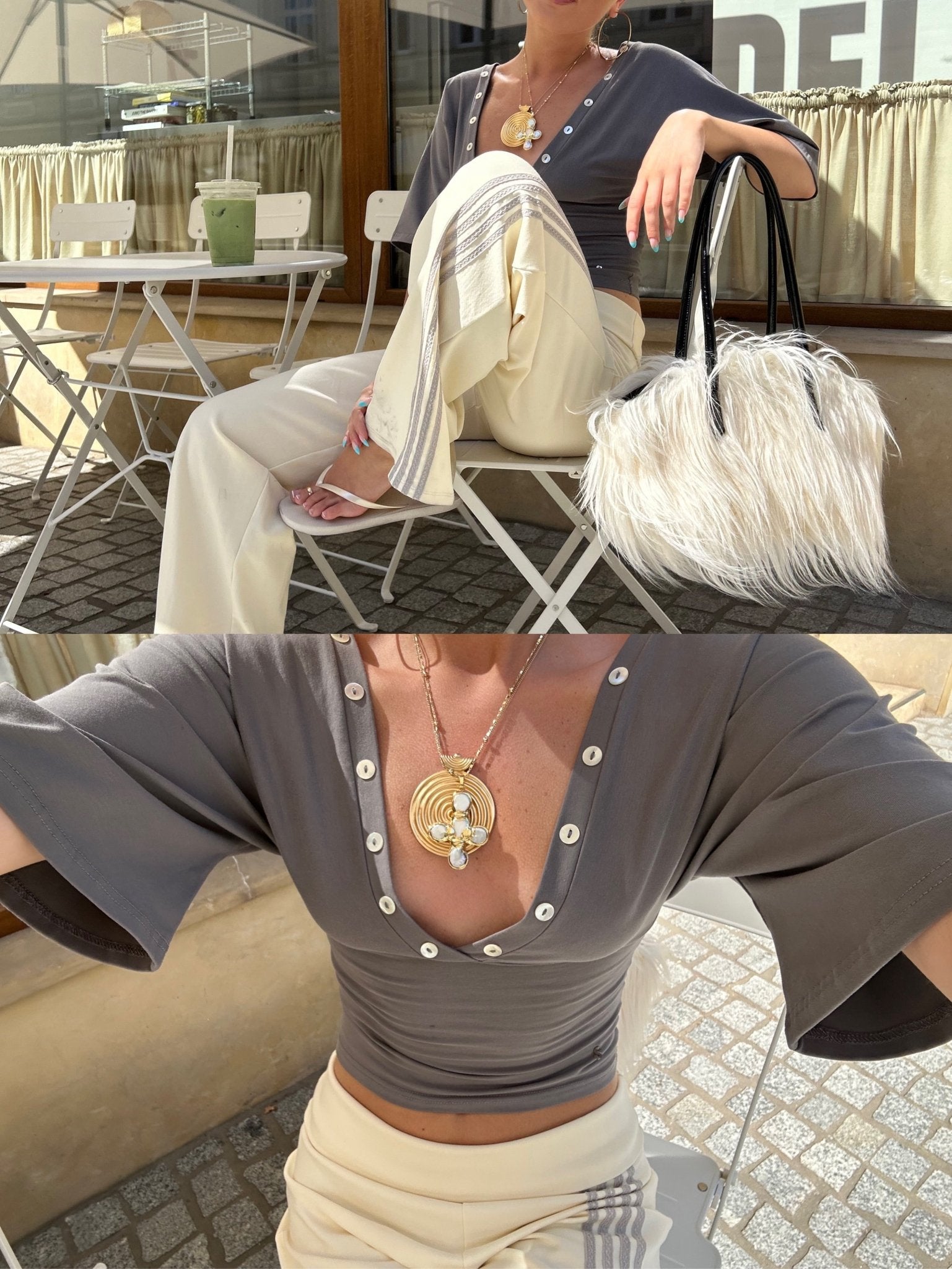 MAEVE SHELL BUTTONS V-NECK TOP IN SMOKE - scandivv