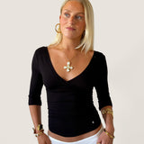 EDDA V-NECK 3/4 SLEEVE TOP IN BLACK