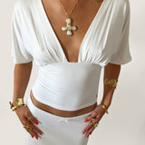 ANNA DEEP V DRAPED SLEEVE TOP IN WHITE
