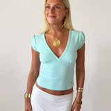 TILDE RUCHED SLEEVE V NECK TOP IN AQUA