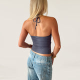 SIGNATURE HALTER NECK TANK TOP IN DUSTY BLUE