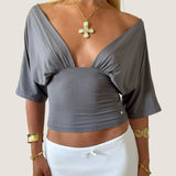 ANNA DEEP V DRAPED SLEEVE TOP IN SMOKE