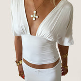 ANNA DEEP V DRAPED SLEEVE TOP IN WHITE