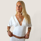 ANNA DEEP V DRAPED SLEEVE TOP IN WHITE
