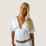 ANNA DEEP V DRAPED SLEEVE TOP IN WHITE