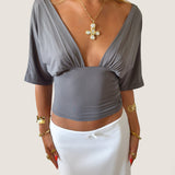 ANNA DEEP V DRAPED SLEEVE TOP IN SMOKE