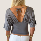 ANNA DEEP V DRAPED SLEEVE TOP IN SMOKE