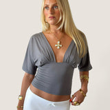 ANNA DEEP V DRAPED SLEEVE TOP IN SMOKE