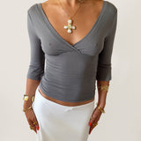 EDDA V-NECK 3/4 SLEEVE TOP IN SMOKE