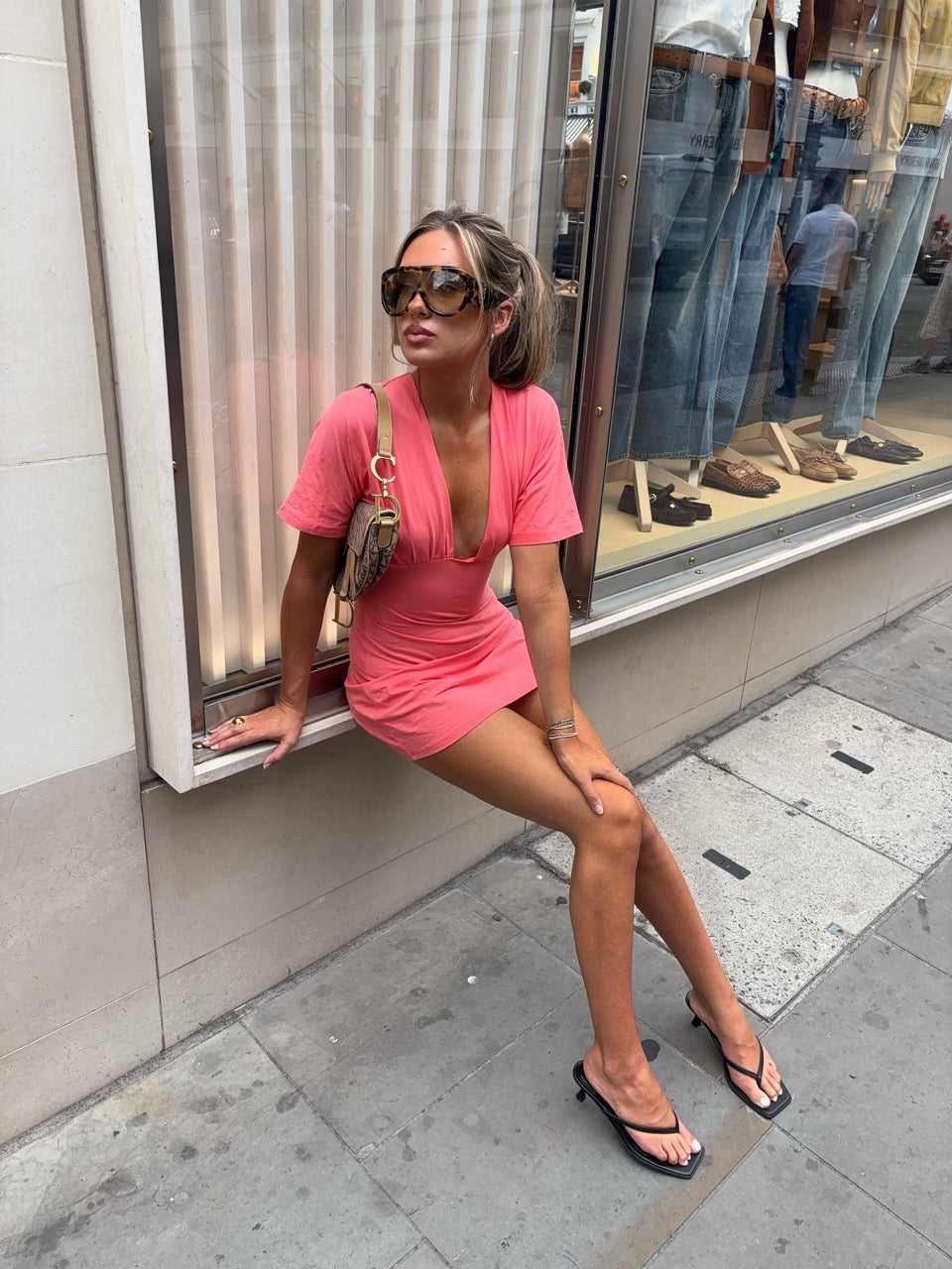 JESSIE DEEP V DRAPED SLEEVE DRESS IN CORAL RED