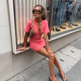JESSIE DEEP V DRAPED SLEEVE DRESS IN CORAL RED
