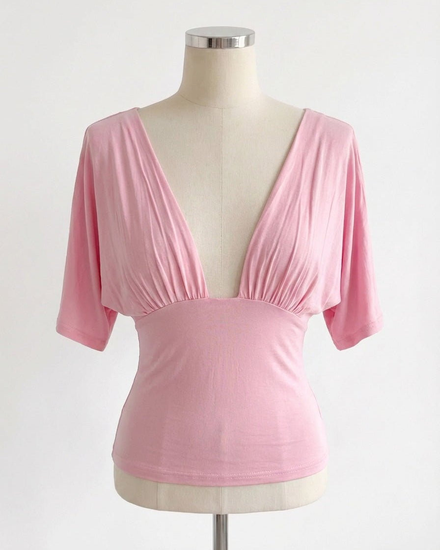 ANNA DEEP V DRAPED SLEEVE TOP IN PINK - scandivv