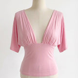 ANNA DEEP V DRAPED SLEEVE TOP IN PINK - scandivv