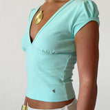 TILDE RUCHED SLEEVE V NECK TOP IN AQUA - scandivv