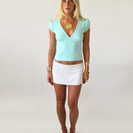 TILDE RUCHED SLEEVE V NECK TOP IN AQUA - scandivv