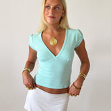 TILDE RUCHED SLEEVE V NECK TOP IN AQUA - scandivv