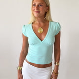 TILDE RUCHED SLEEVE V NECK TOP IN AQUA - scandivv