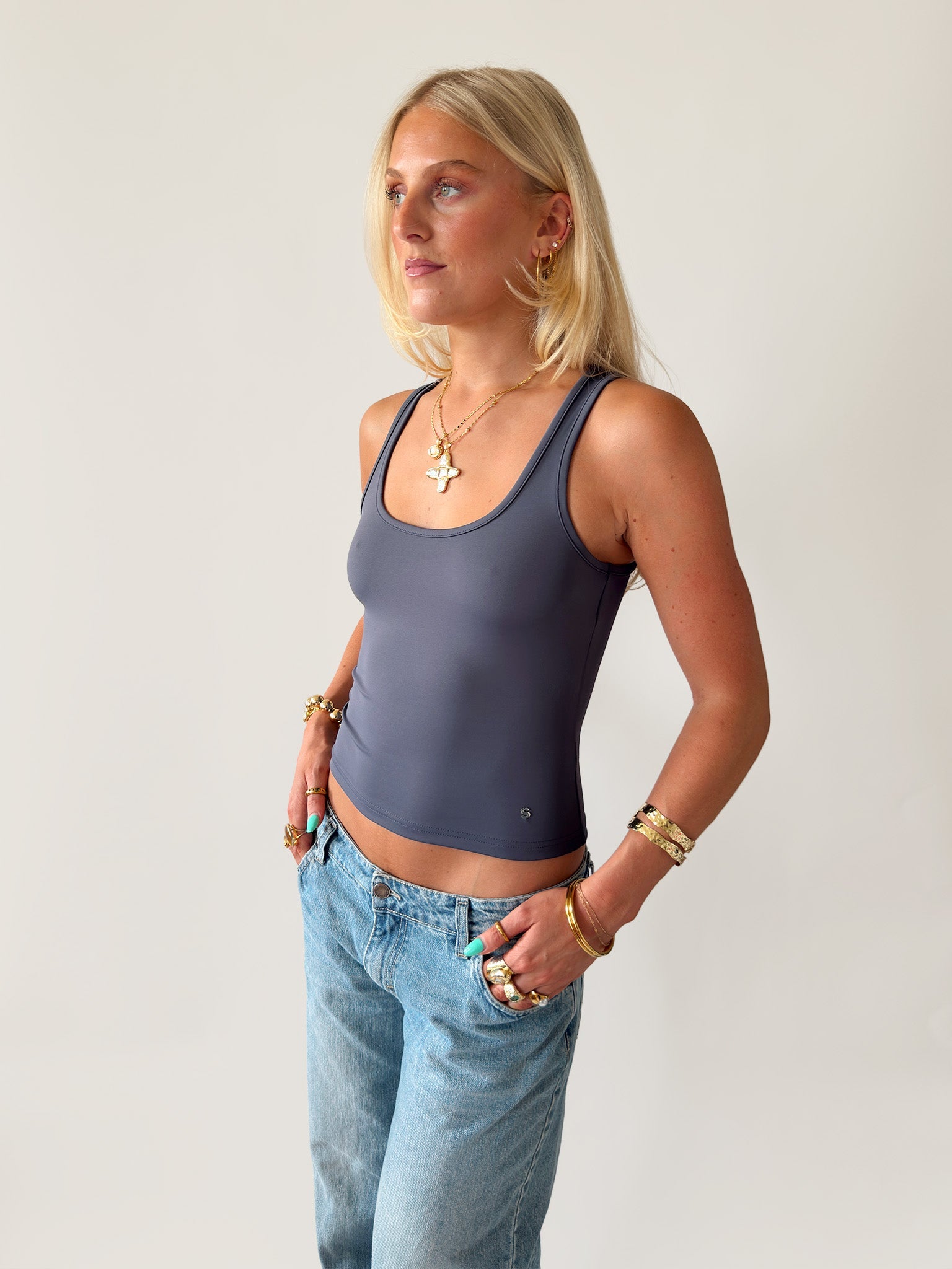 SIGNATURE SQUARE NECK TANK TOP IN DUSTY BLUE - scandivv