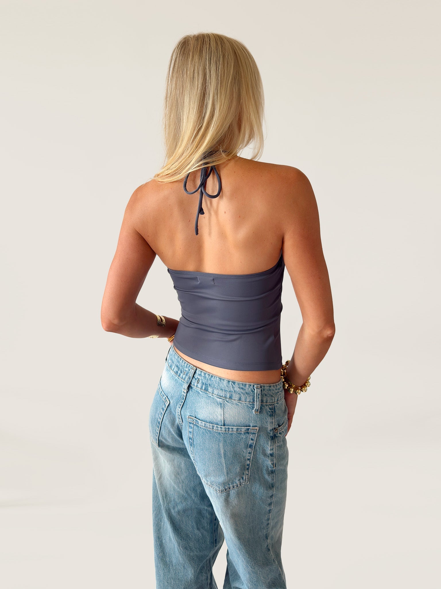 SIGNATURE HALTER NECK TANK TOP IN DUSTY BLUE - scandivv