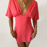 PREORDER - JESSIE DEEP V DRAPED SLEEVE DRESS IN CORAL RED - scandivv