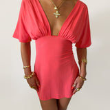PREORDER - JESSIE DEEP V DRAPED SLEEVE DRESS IN CORAL RED - scandivv