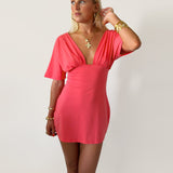 PREORDER - JESSIE DEEP V DRAPED SLEEVE DRESS IN CORAL RED - scandivv