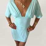 PREORDER - JESSIE DEEP V DRAPED SLEEVE DRESS IN AQUA - scandivv