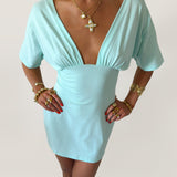 PREORDER - JESSIE DEEP V DRAPED SLEEVE DRESS IN AQUA - scandivv