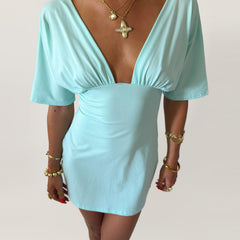 PREORDER - JESSIE DEEP V DRAPED SLEEVE DRESS IN AQUA - scandivv