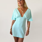 PREORDER - JESSIE DEEP V DRAPED SLEEVE DRESS IN AQUA - scandivv