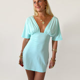 PREORDER - JESSIE DEEP V DRAPED SLEEVE DRESS IN AQUA - scandivv