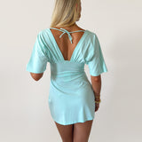 PREORDER - JESSIE DEEP V DRAPED SLEEVE DRESS IN AQUA - scandivv