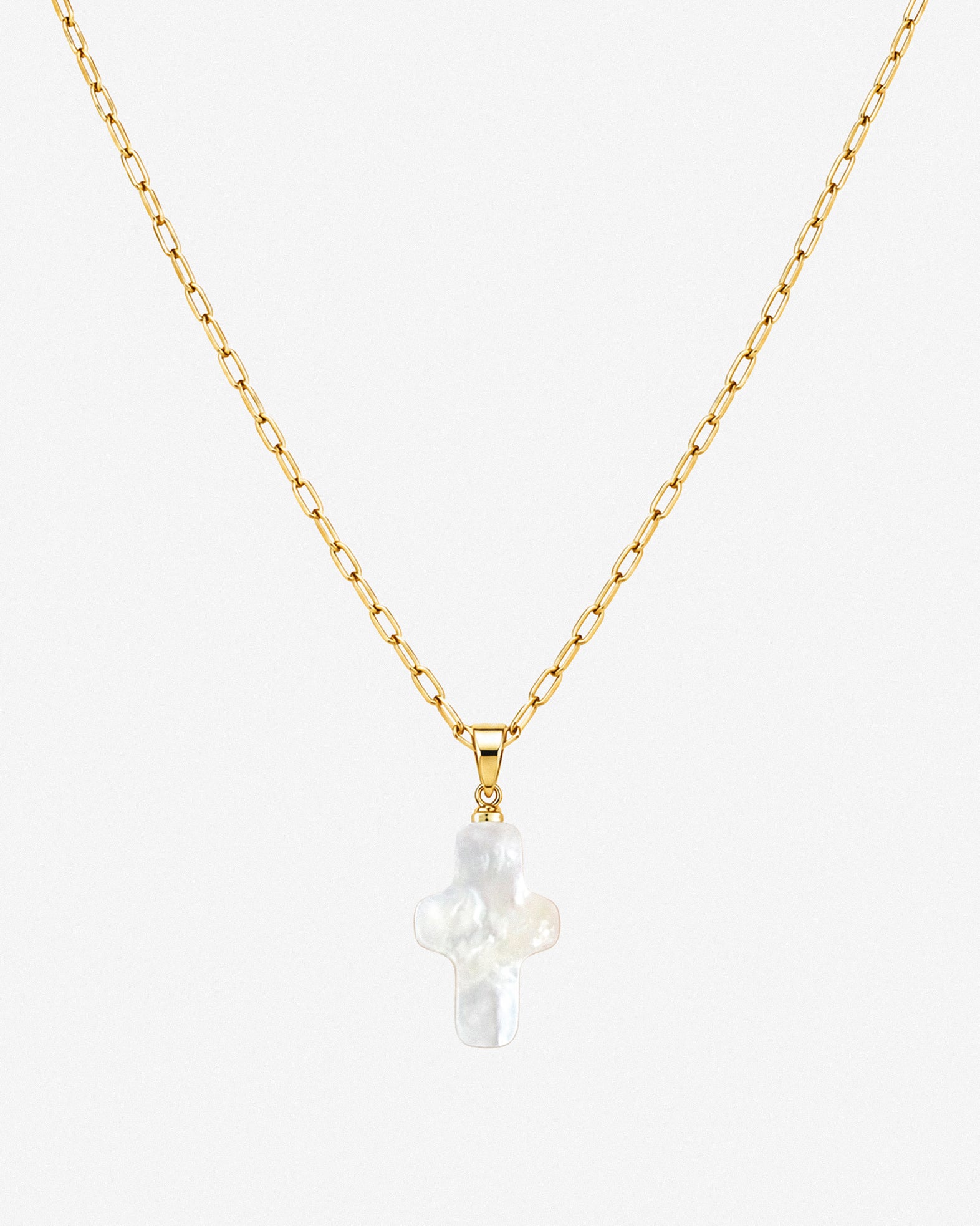 FRANKIE NECKLACE - gold chain with mother-of-pearl cross pendant on a white background