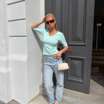 SUUS V-NECK 3/4 SLEEVE TOP IN AQUA - scandivv