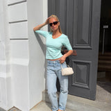 SUUS V-NECK 3/4 SLEEVE TOP IN AQUA - scandivv