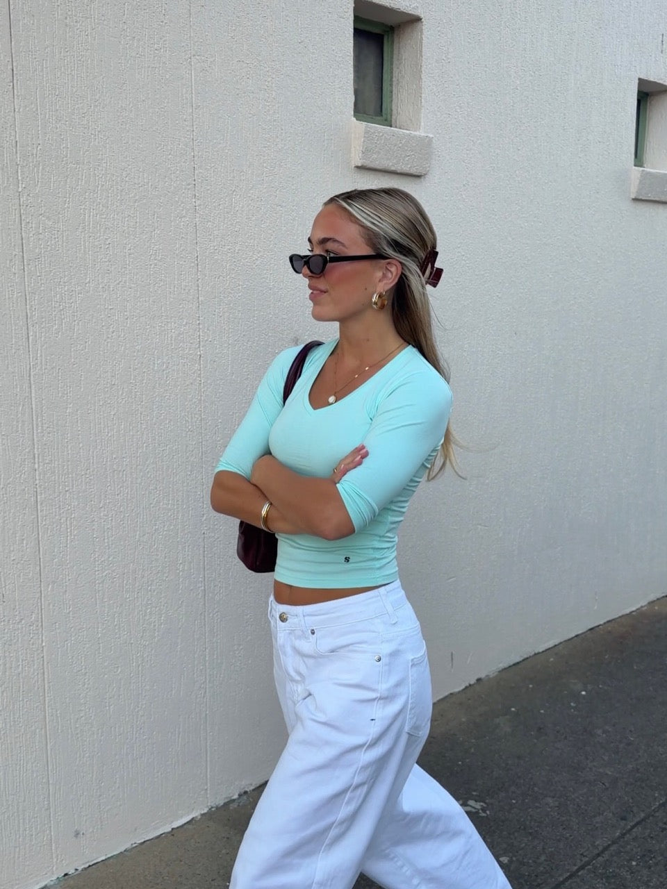 SUUS V-NECK 3/4 SLEEVE TOP IN AQUA - scandivv