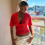 PREORDER - ANNA DEEP V DRAPED SLEEVE TOP IN CORAL RED - scandivv