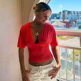 PREORDER - ANNA DEEP V DRAPED SLEEVE TOP IN CORAL RED - scandivv