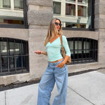 EDDA V-NECK 3/4 SLEEVE TOP IN AQUA - scandivv