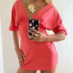 JESSIE DEEP V DRAPED SLEEVE DRESS IN CORAL RED - scandivv