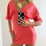 JESSIE DEEP V DRAPED SLEEVE DRESS IN CORAL RED - scandivv