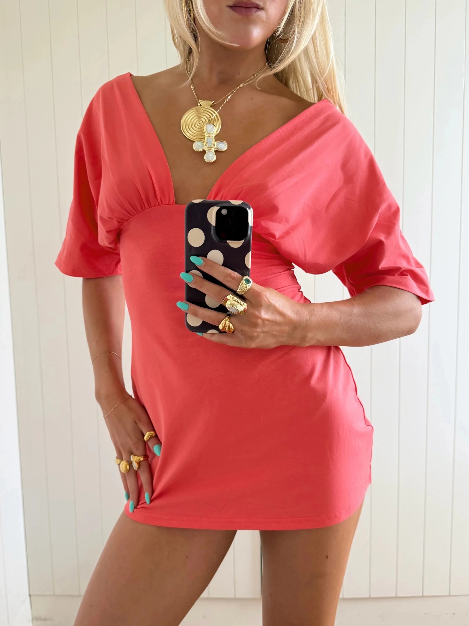 JESSIE DEEP V DRAPED SLEEVE DRESS IN CORAL RED - scandivv