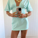JESSIE DEEP V DRAPED SLEEVE DRESS IN AQUA - scandivv