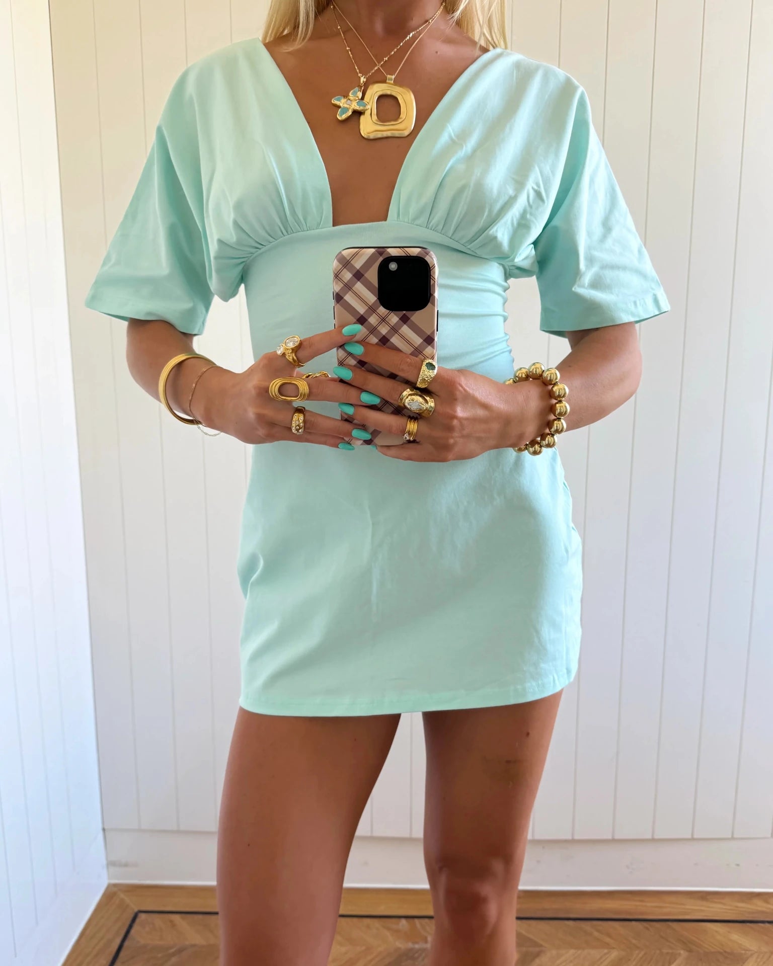 JESSIE DEEP V DRAPED SLEEVE DRESS IN AQUA - scandivv