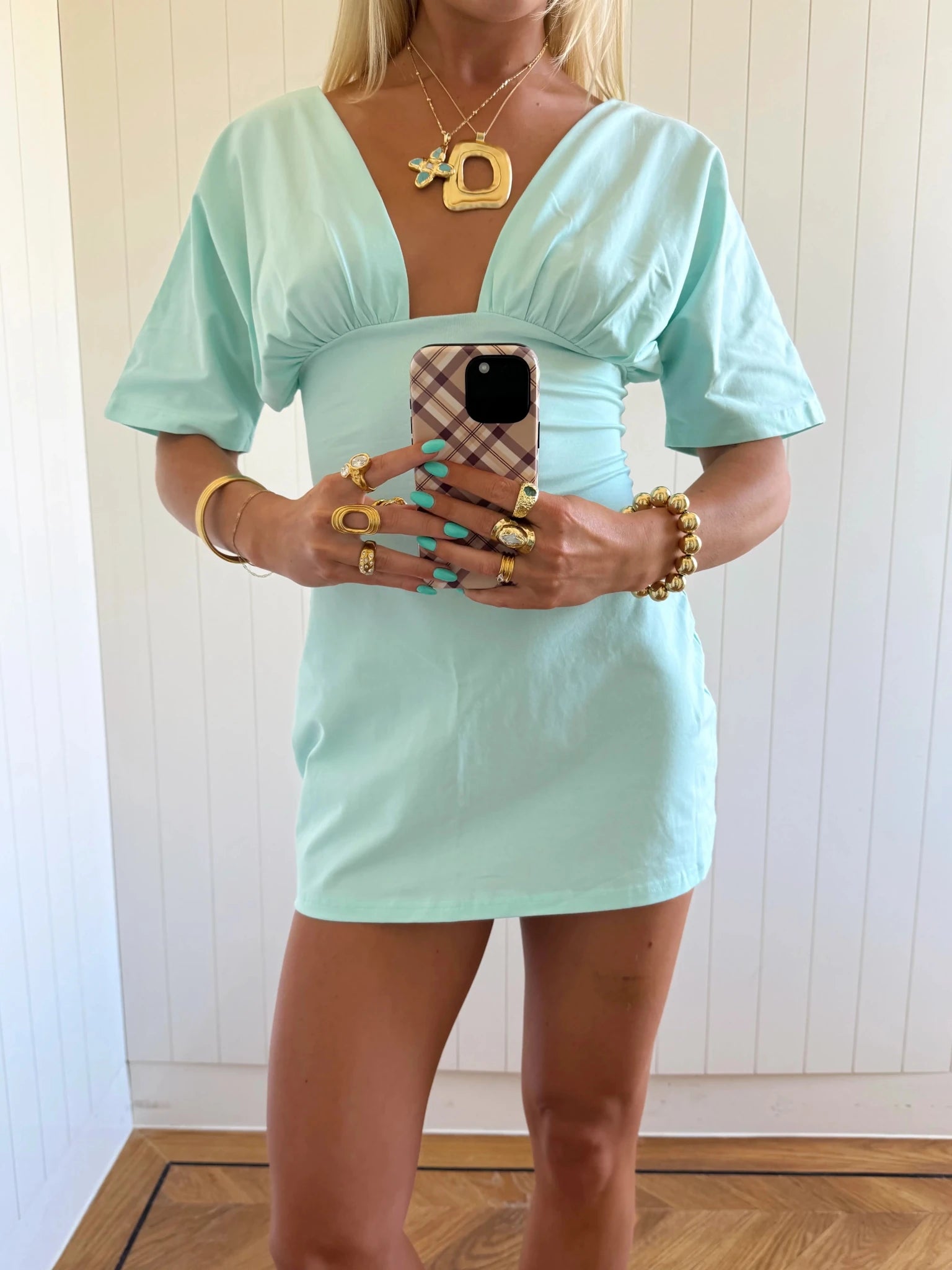 JESSIE DEEP V DRAPED SLEEVE DRESS IN AQUA - scandivv