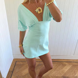 JESSIE DEEP V DRAPED SLEEVE DRESS IN AQUA - scandivv