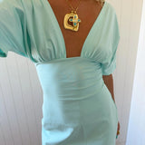 JESSIE DEEP V DRAPED SLEEVE DRESS IN AQUA - scandivv