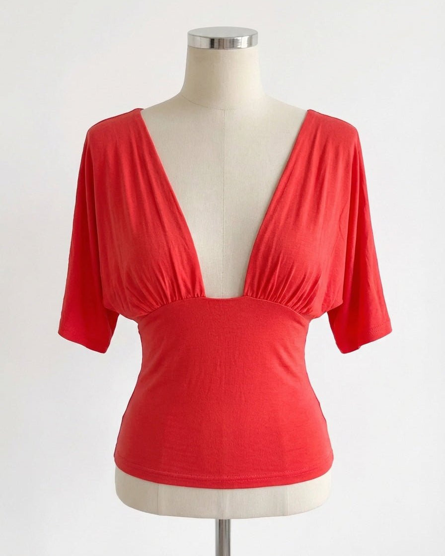 ANNA DEEP V DRAPED SLEEVE TOP IN CORAL RED - scandivv