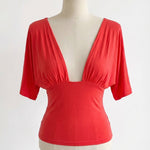 ANNA DEEP V DRAPED SLEEVE TOP IN CORAL RED - scandivv